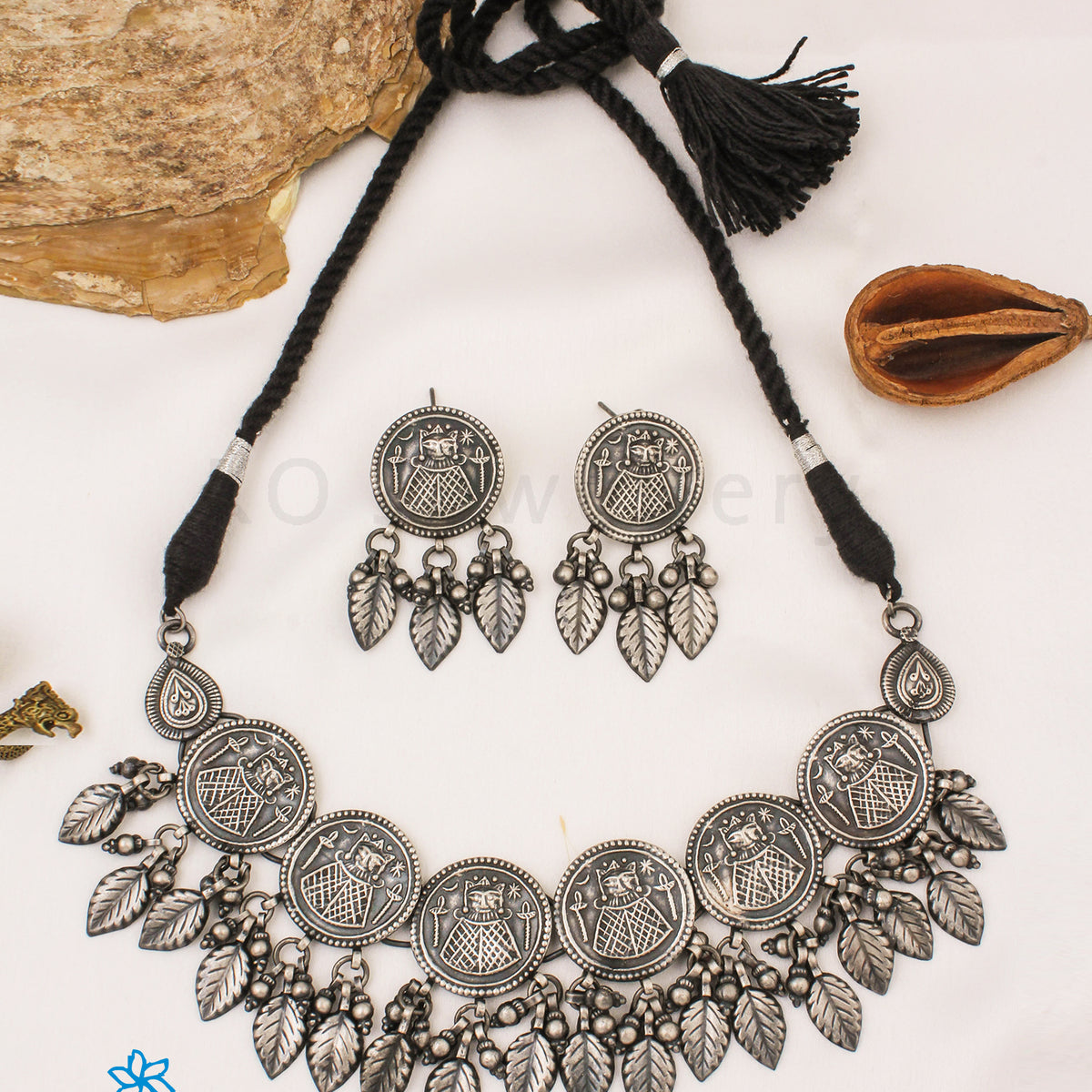 Silver Plated Mango Design Black Color Artificial Stone Choker Necklace Set